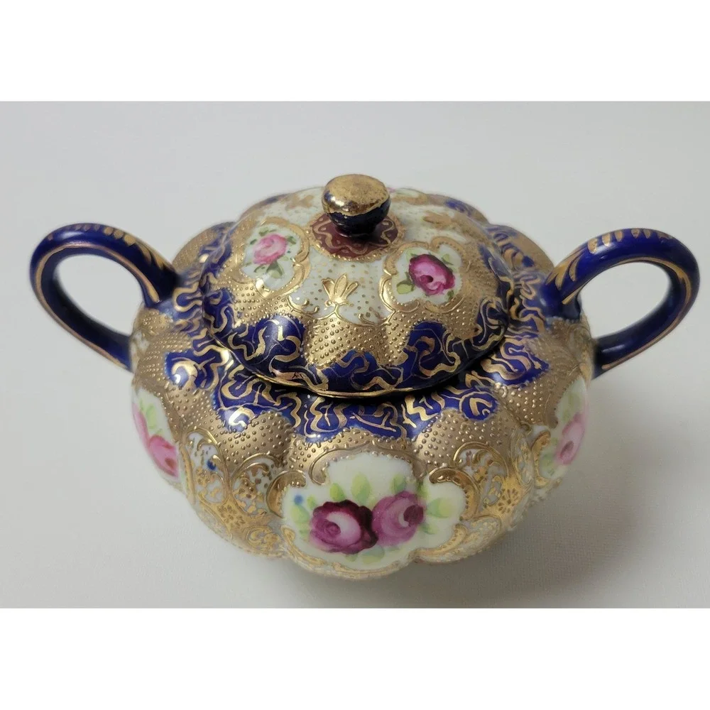 Antique Nippon Sugar Bowl Cobalt Blue Gold Moriage Hand Painted Roses Japan